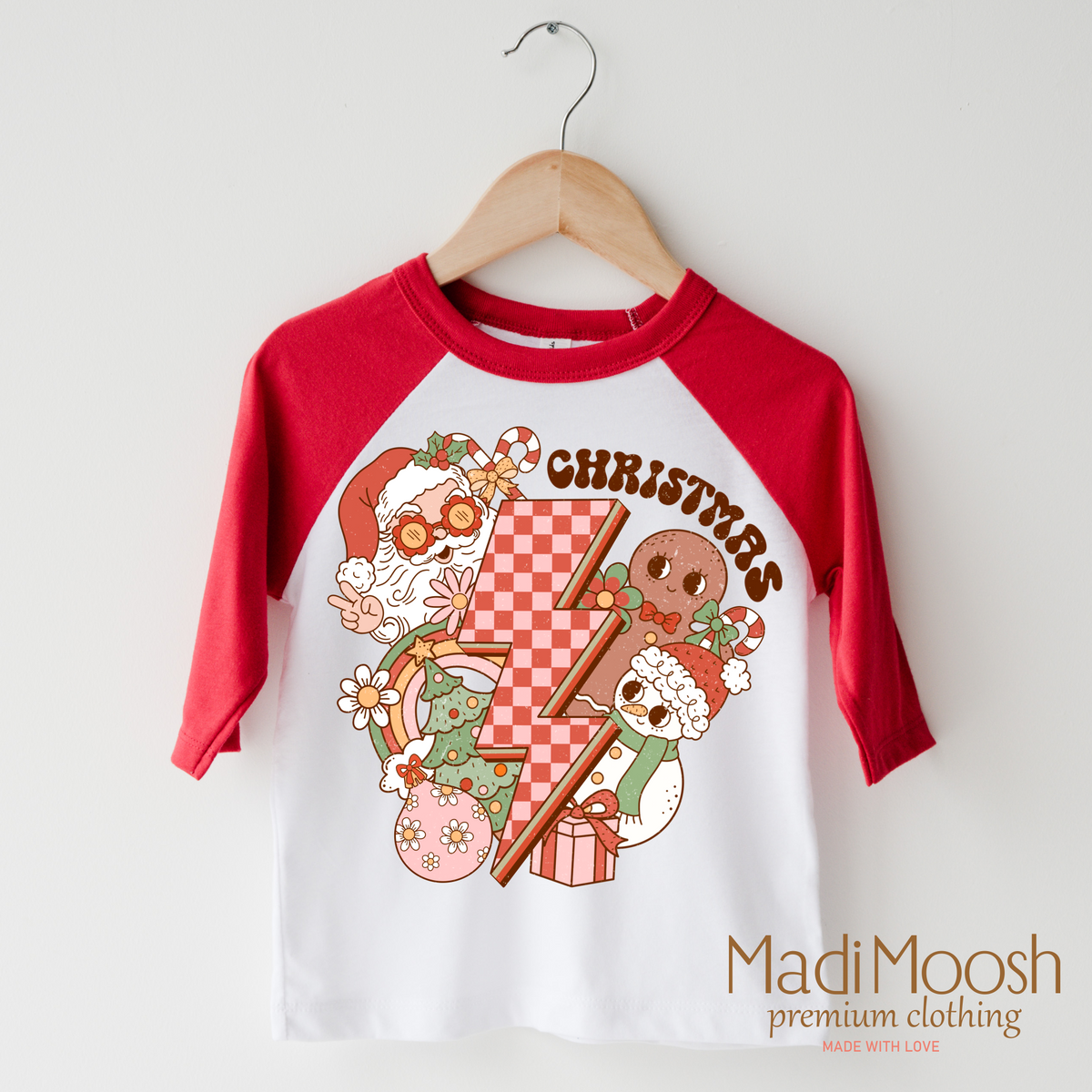 Christmas Characters design on a red-accented shirt.