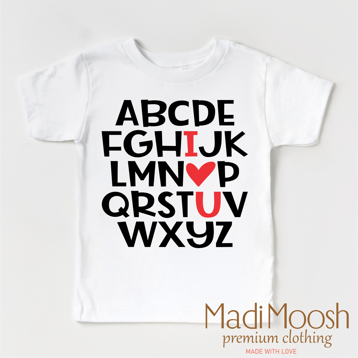 ABC I Love You Valentine's Day design on a white garment.