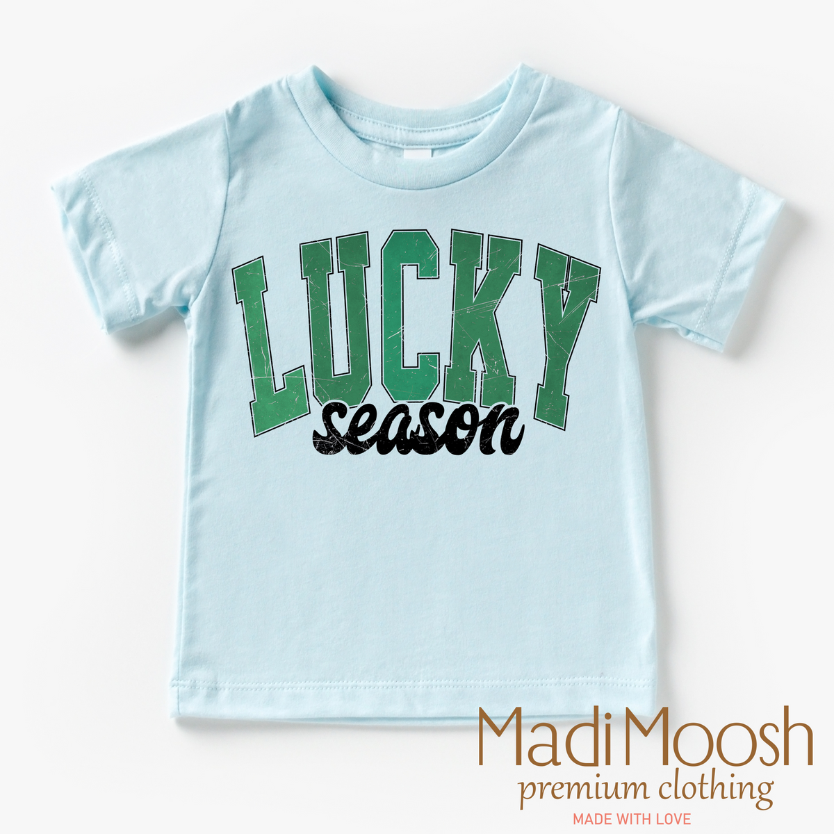 Lucky Season St. Patrick's Day design on a blue garment.