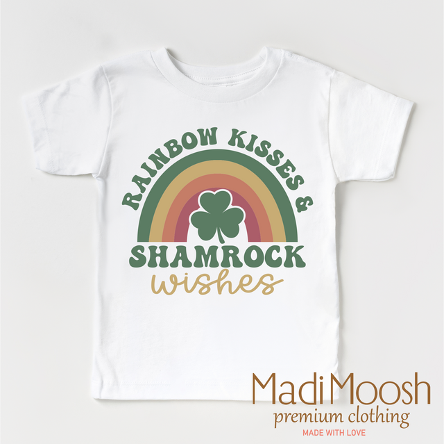 Rainbow Kisses And Shamrock Wishes St. Patrick's Day Shirt - Kids St Patrick's Day Tee