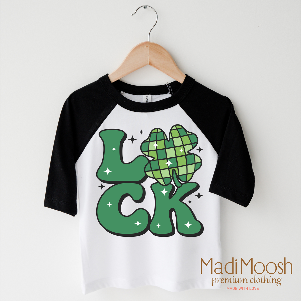 Luck Shamrock Retro St. Patrick's Day design on a black-accented shirt.