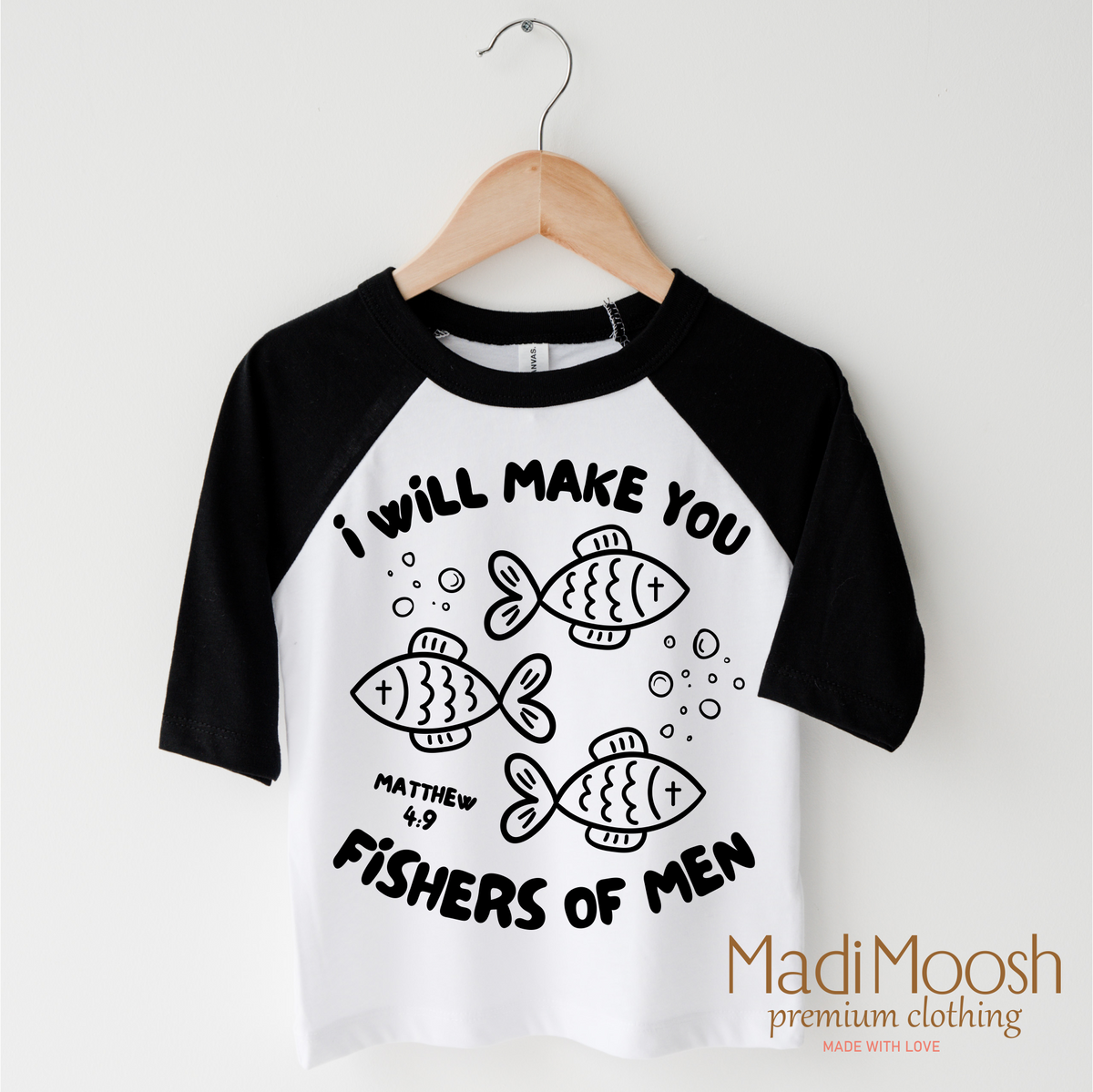 I Will Make You Fishers Of Men design on a black-accented shirt.