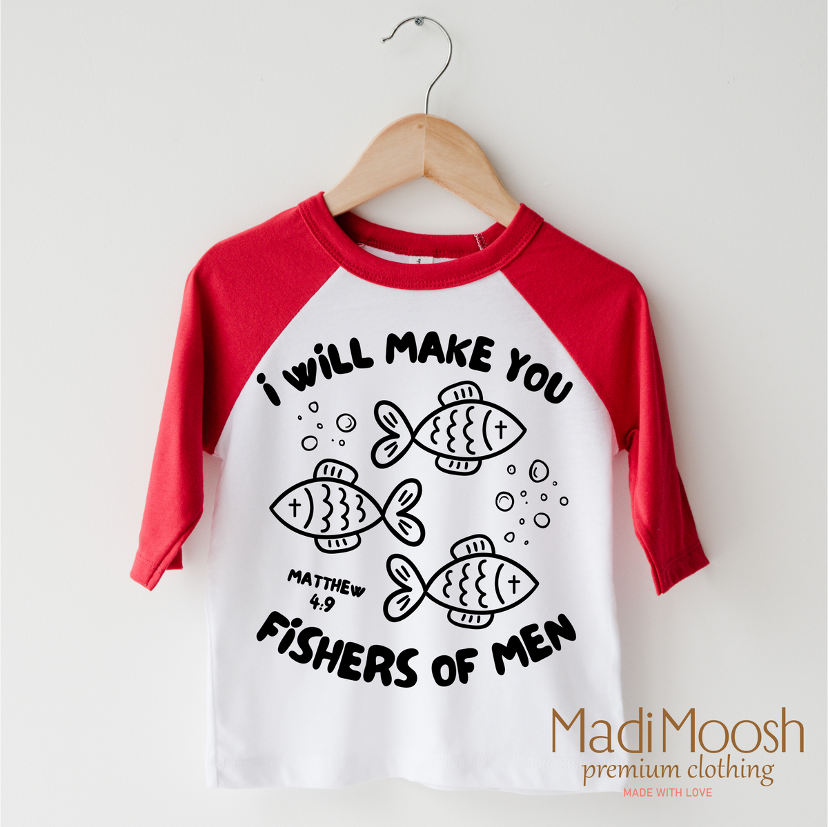 I Will Make You Fishers Of Men design on a red-accented shirt.