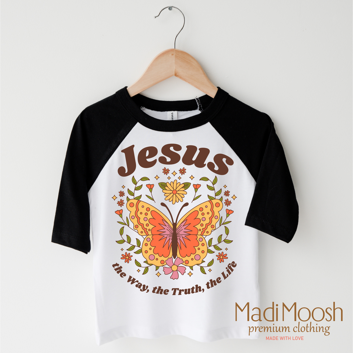 Jesus The Way The Truth The Life design on a black-accented shirt.
