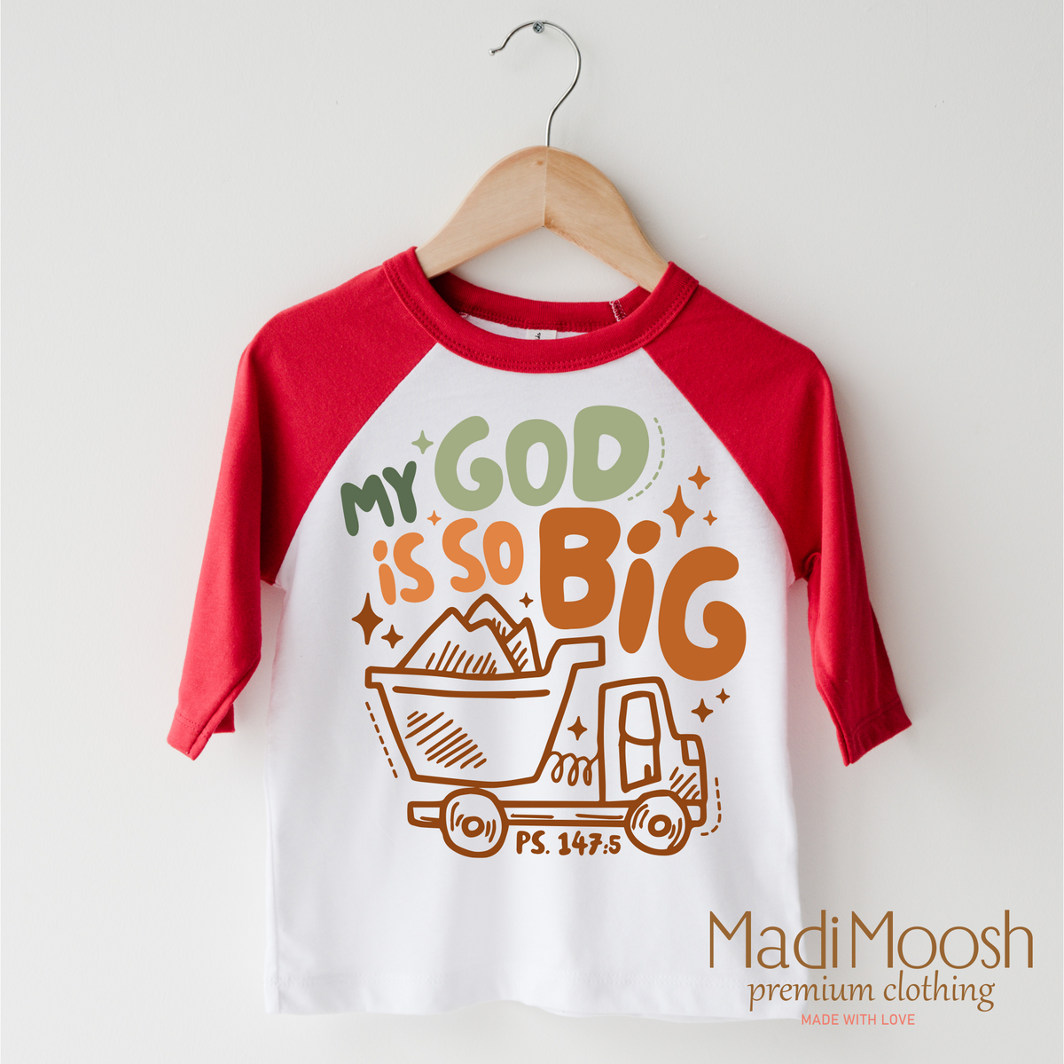 My God Is So Big design on a red-accented shirt.