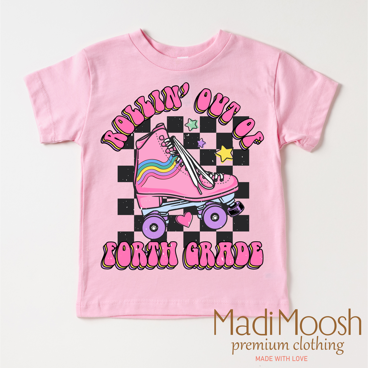 Rollin' Out Of 4th Grade Last Day Of School design on a pink garment.