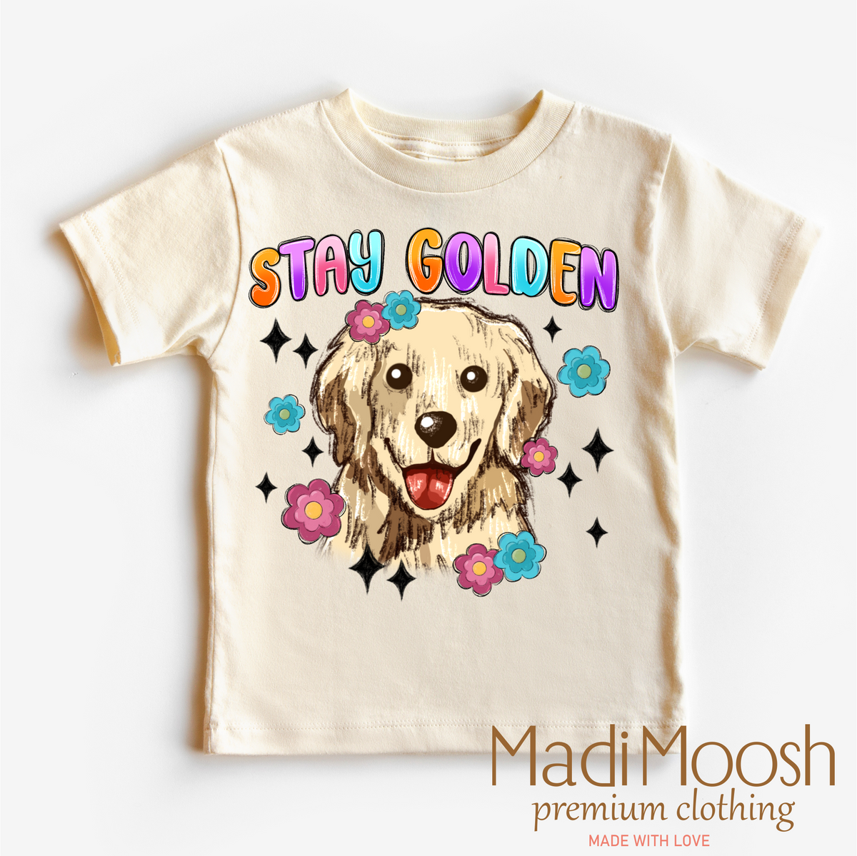 Stay Golden Golden Retriever, Cute graphic T-shirt by Madi Moosh