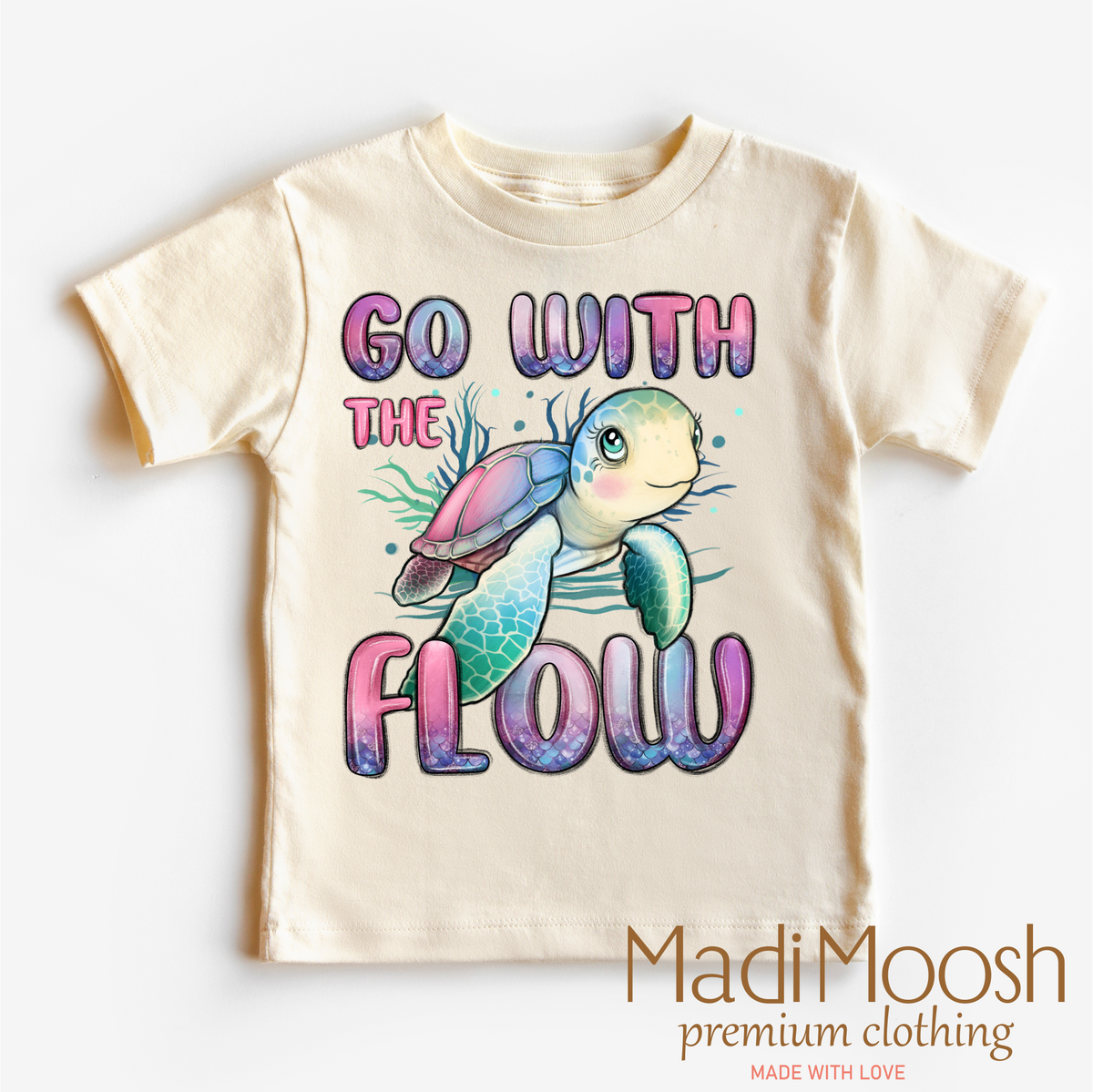 Go With The Flow Turtle, Cute graphic T-shirt by Madi Moosh