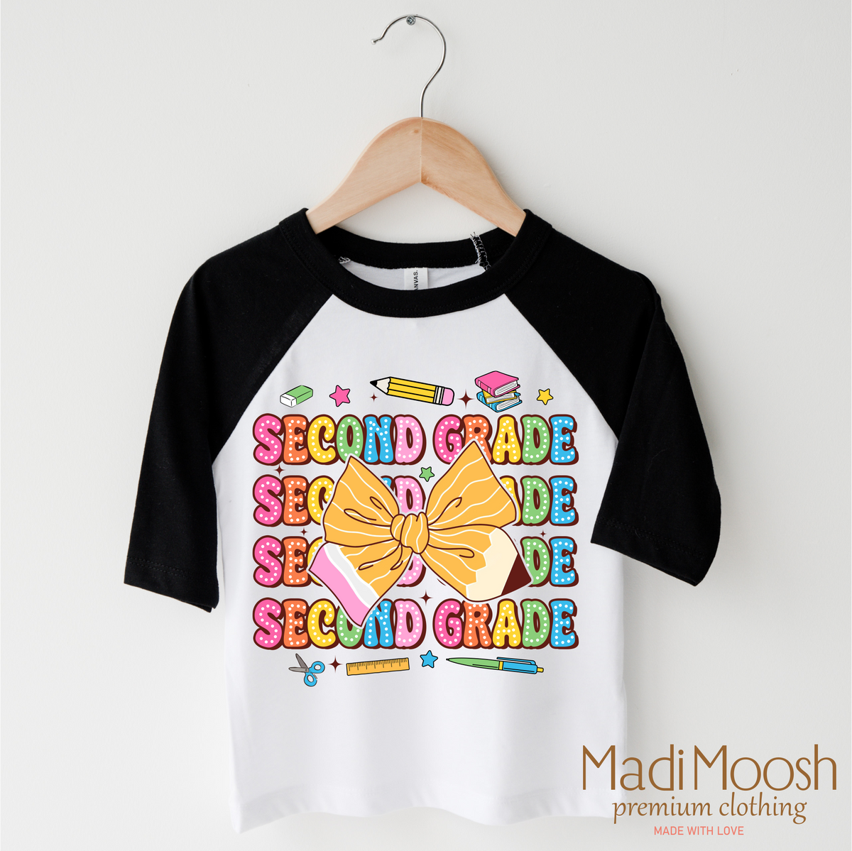 Cute Second Grade School design on a black-accented shirt.