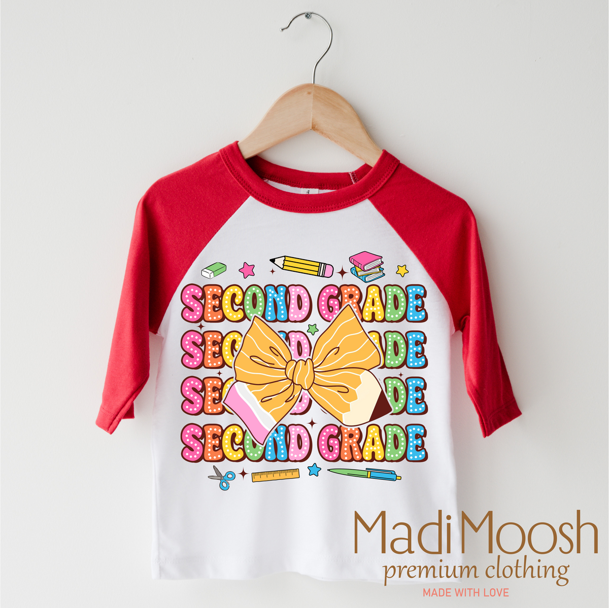 Cute Second Grade School design on a red-accented shirt.