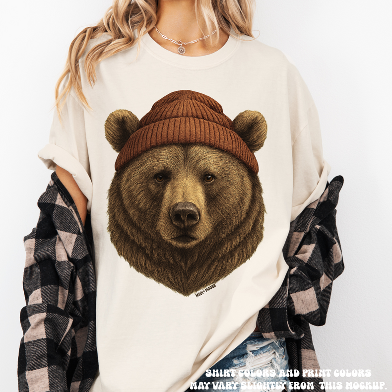 Brown Bear With Beanie Shirt - Printed On Comfort Colors
