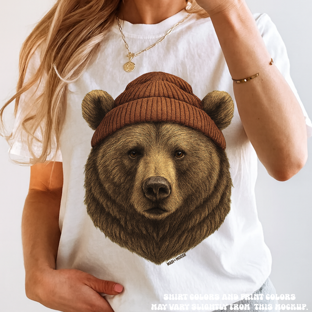 Brown Bear With Beanie Shirt - Printed On Comfort Colors