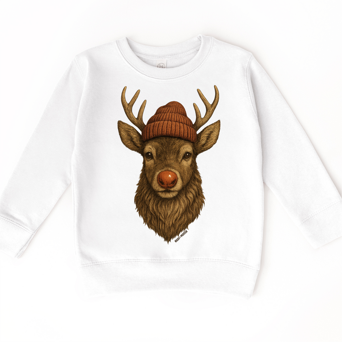 Rudolph Wearing A Beanie Christmas on white kids sweatshirt