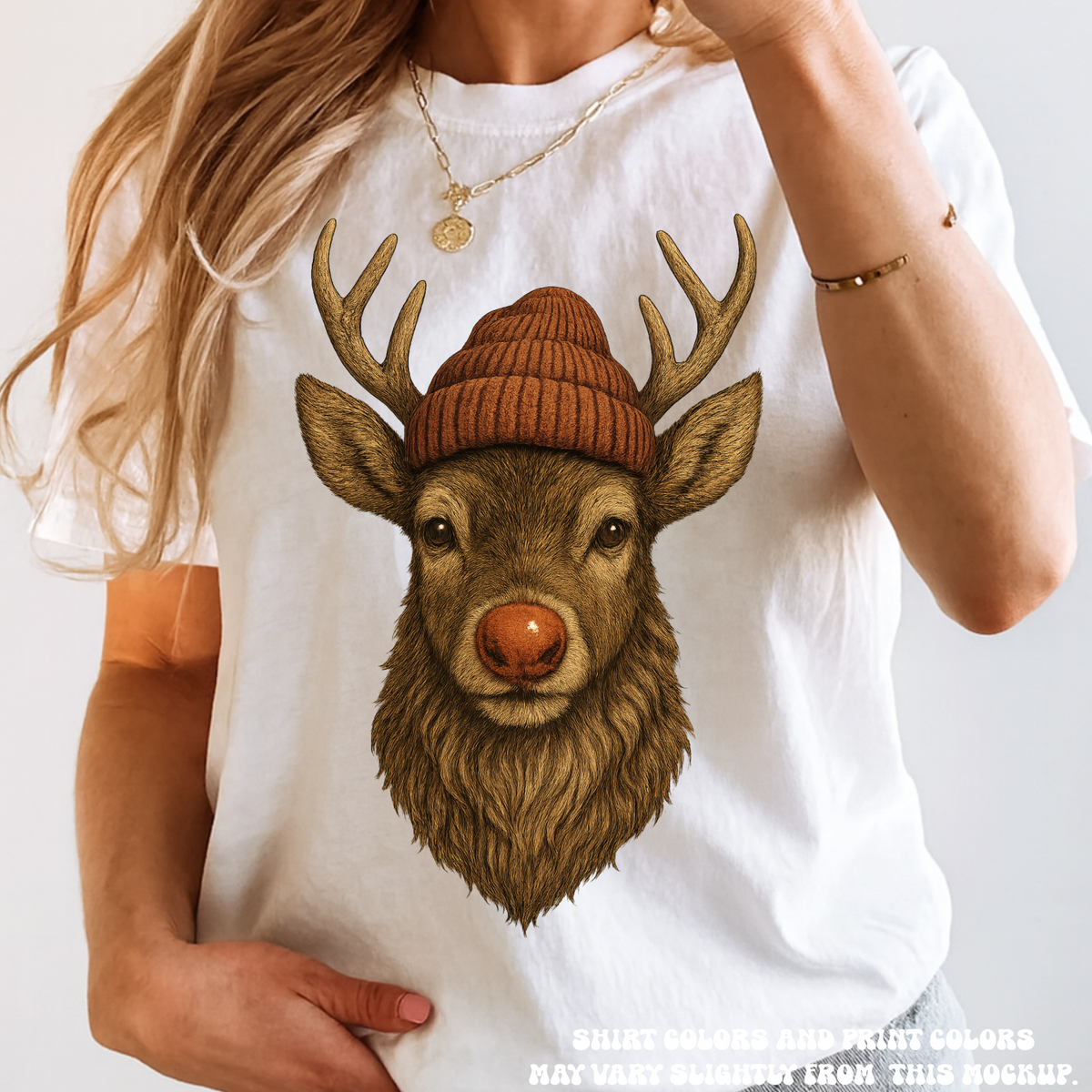 Rudolph Wearing A Beanie Christmas Shirt product design and garment details.