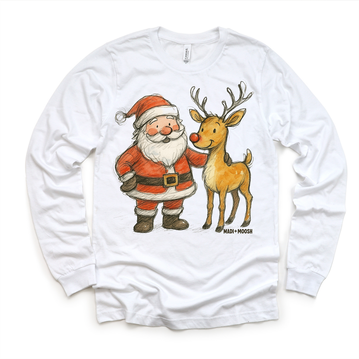Santa and Reindeer Christmas design on a long sleeve shirt.