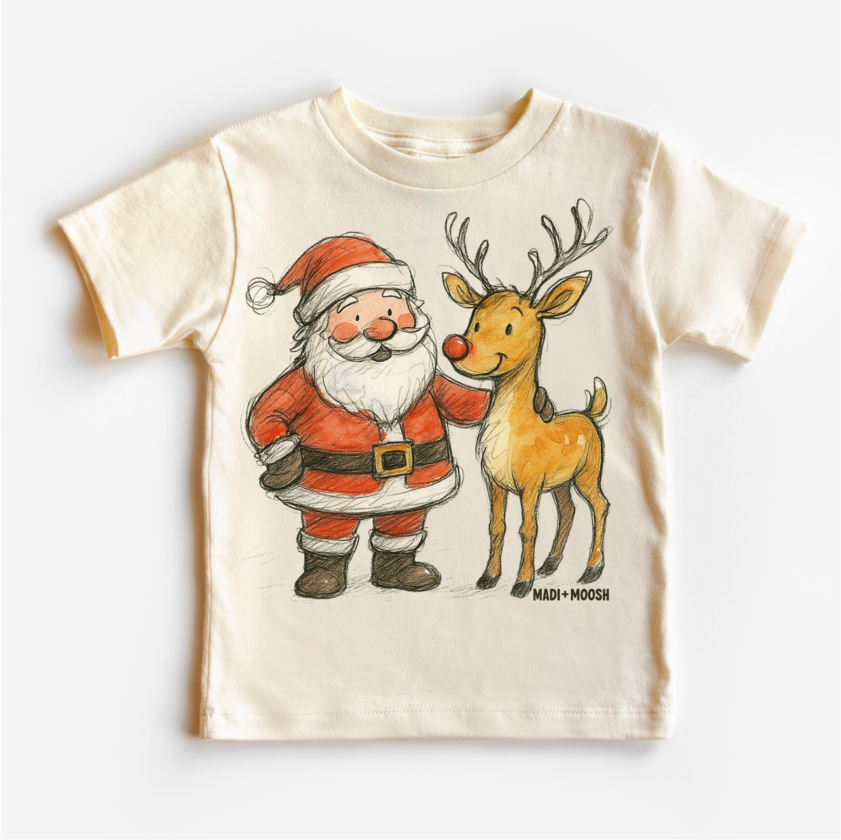 Santa and Reindeer Christmas T-Shirt by Madi Moosh