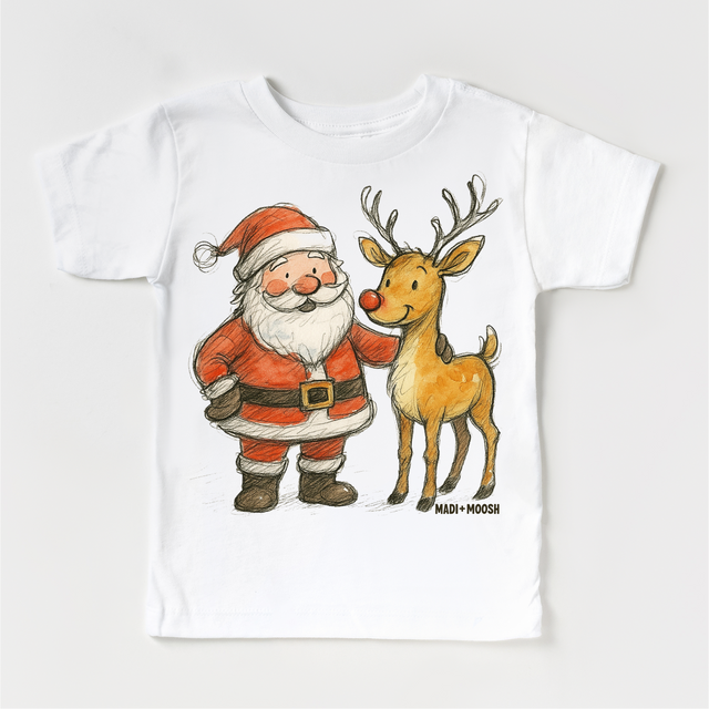 Santa and Reindeer Christmas T-Shirt - Retro Sketch Art Tee