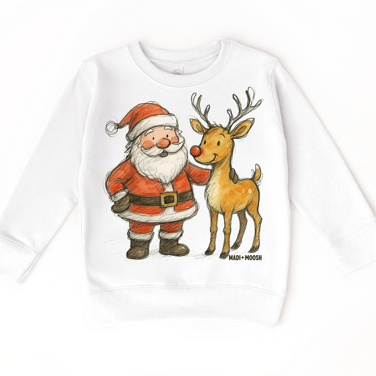 Santa and Reindeer Christmas design on a white sweatshirt.