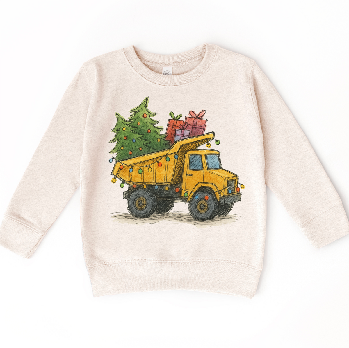 Dump Truck Construction Christmas design on a natural sweatshirt.