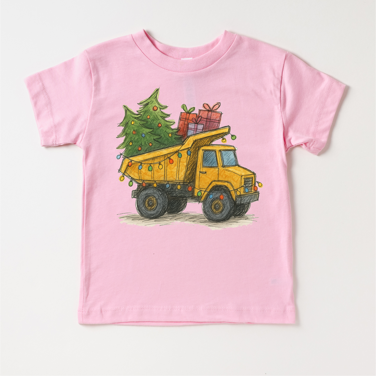 Dump Truck Construction Christmas design on a pink garment.