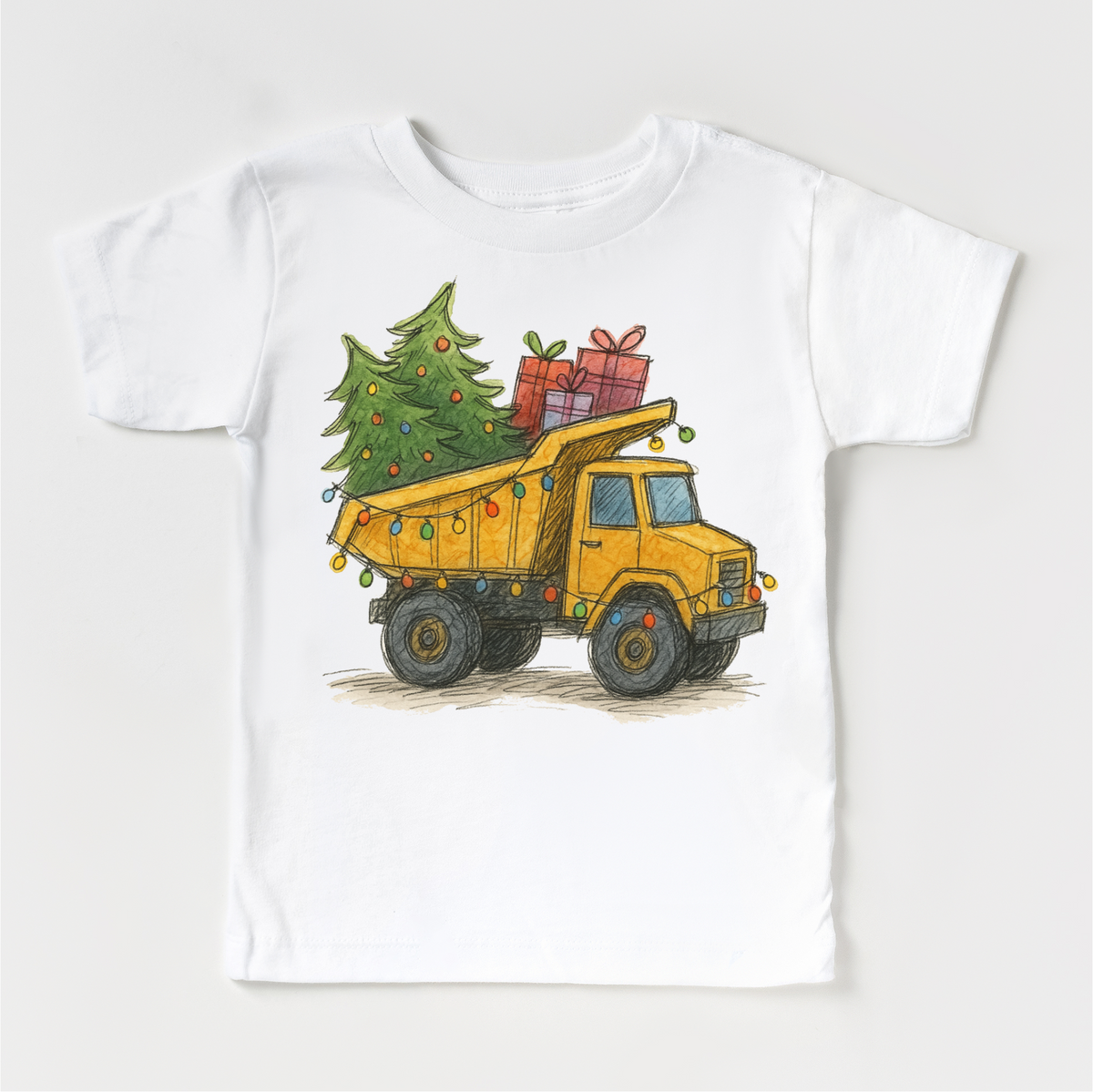 Dump Truck Construction Christmas design on a white garment.