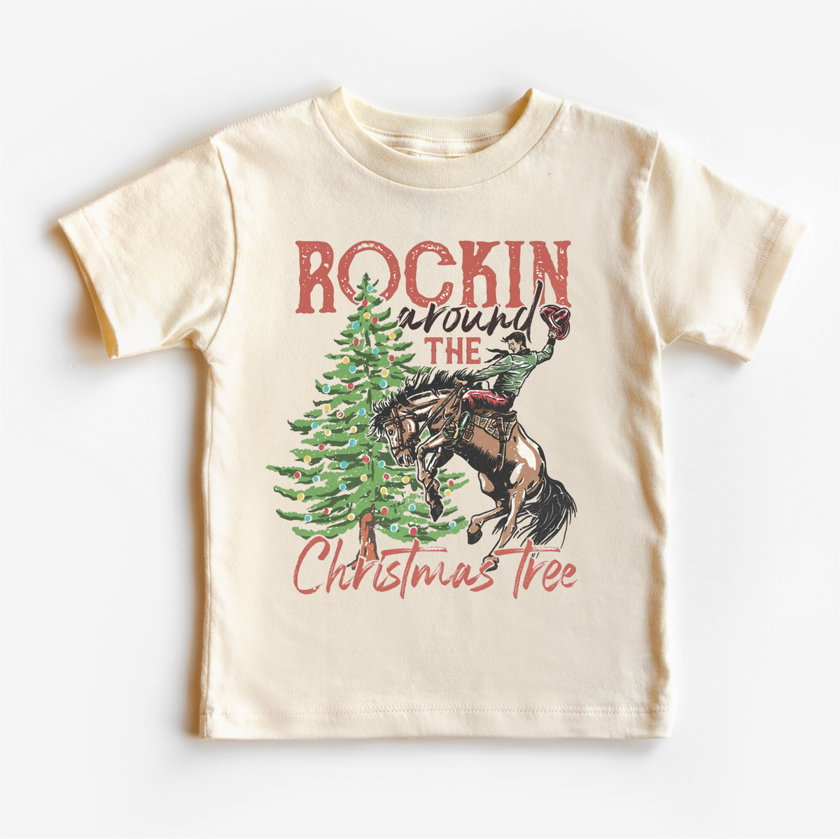 Rockin Around the Christmas Tree Cowboy Natural kids tee