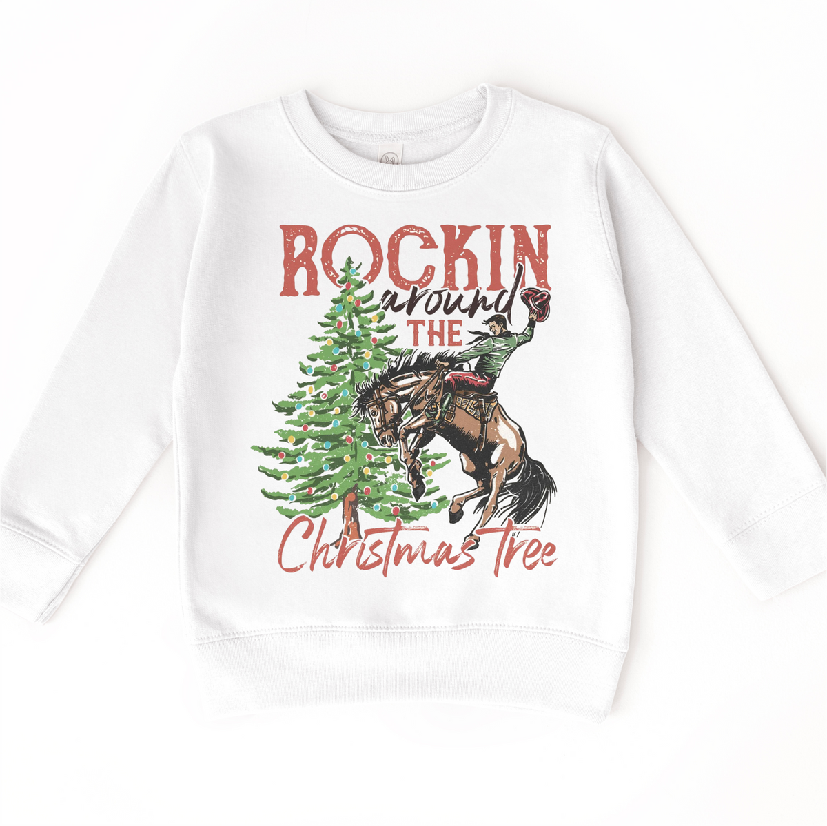 Rockin Around The Christmas Tree Cowboy on white kids sweatshirt