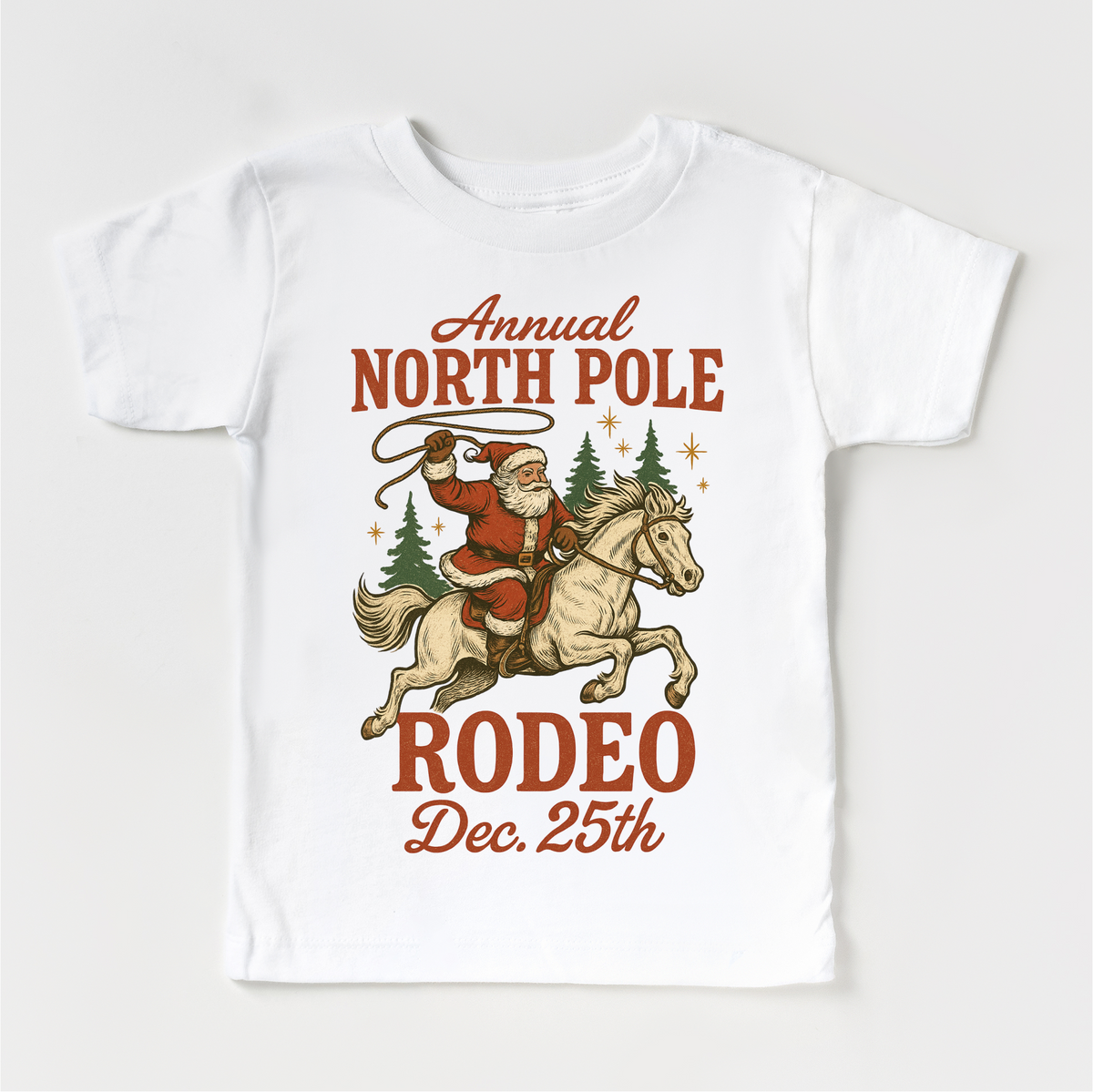 North Pole Rodeo Cowboy Christmas design on a white garment.