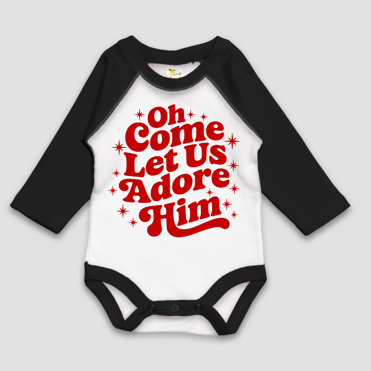 Oh Come Let Us Adore Him Christmas Long Sleeve Onesie design on a black baby bodysuit.