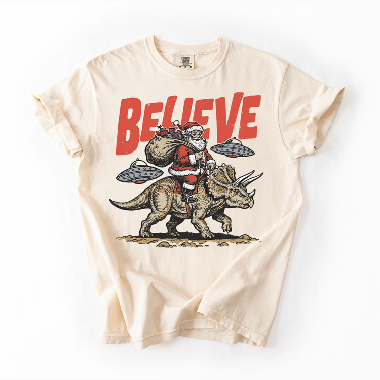 Believe Santa Dinosaurs UFO Christmas Unisex T-Shirt - Printed On Comfort Colors