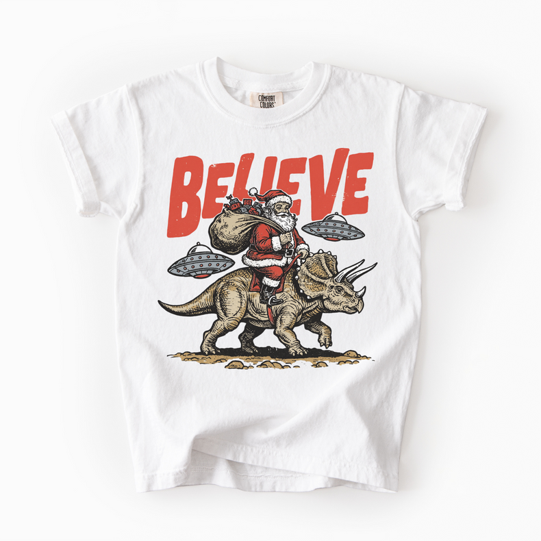 Believe Santa Dinosaurs UFO Christmas Unisex T-Shirt - Printed On Comfort Colors