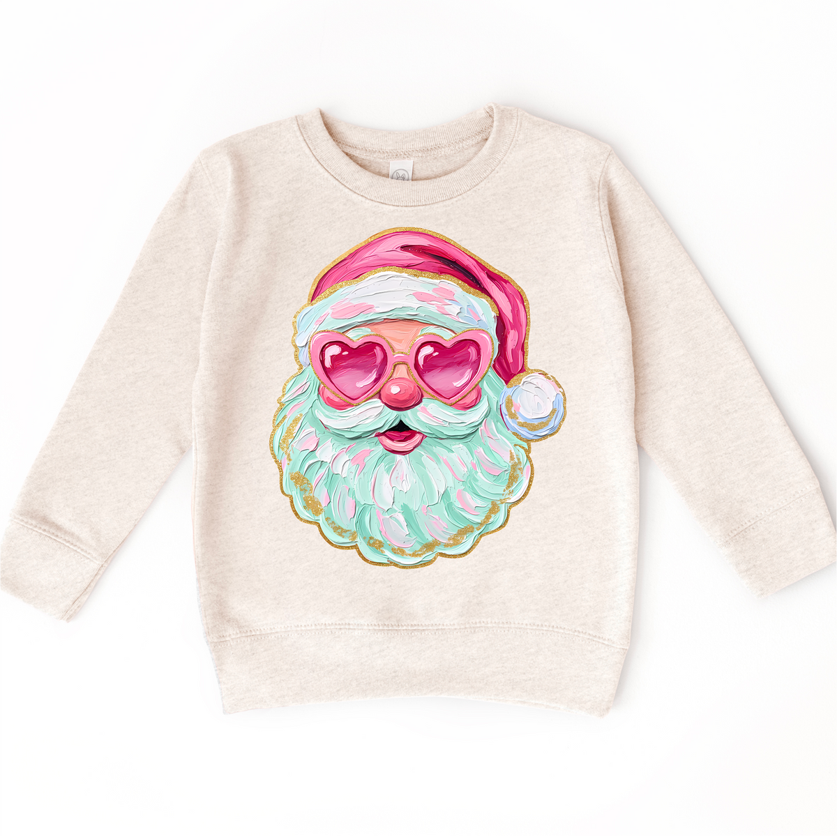 Santa With Heart Shaped Glasses Christmas design on a natural sweatshirt.