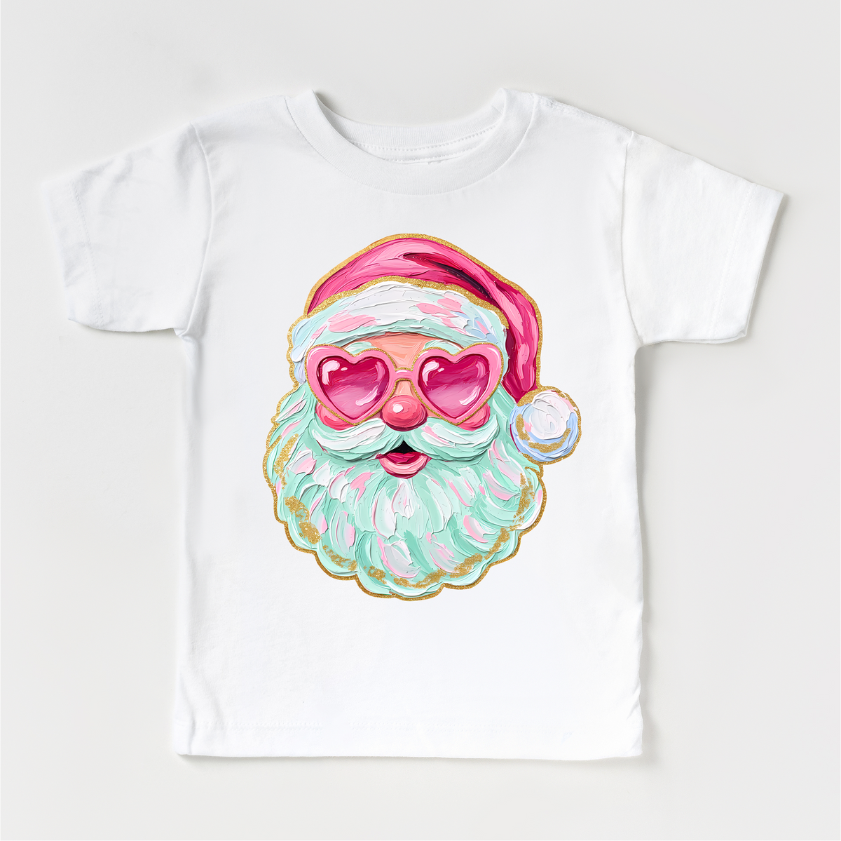 Santa With Heart Shaped Glasses Christmas design on a white garment.