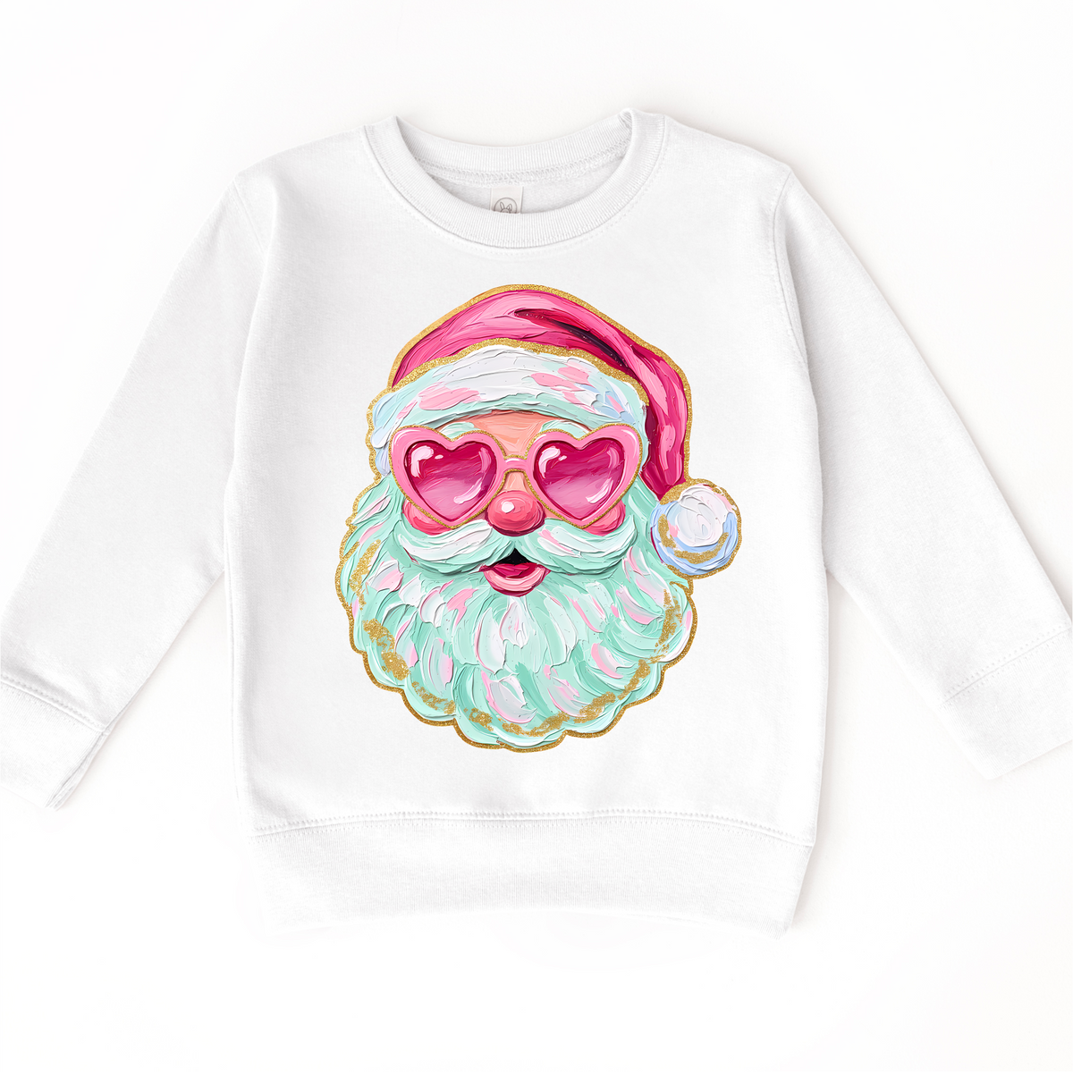 Santa With Heart Shaped Glasses Christmas design on a white sweatshirt.