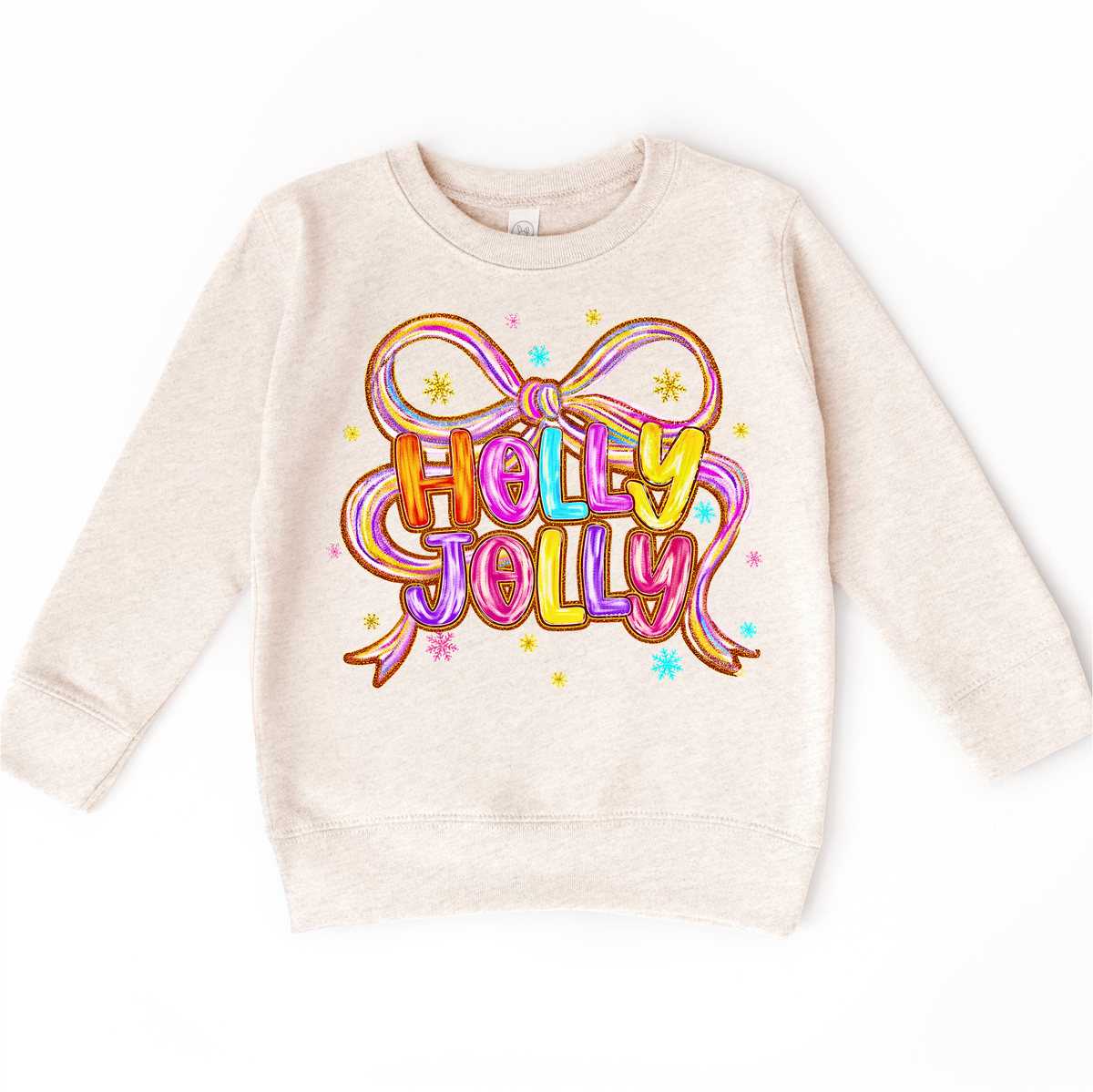 Holly Jolly Ribbon Christmas design on a natural sweatshirt.