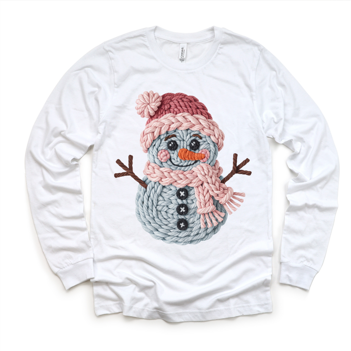 Faux Woven Snowman Christmas design on a long sleeve shirt.