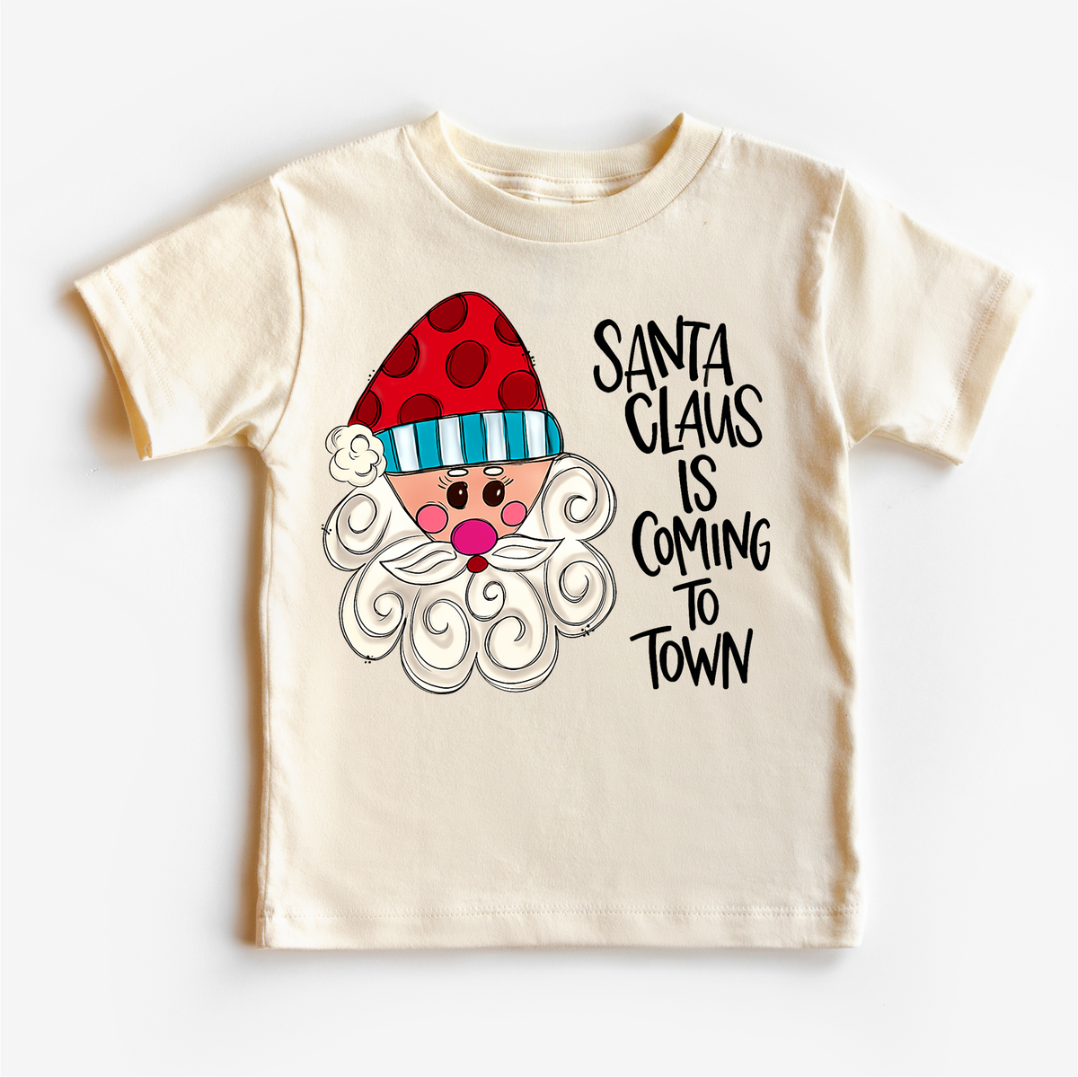 Santa Claus Is Coming To Town Christmas T-Shirt product design and garment details.