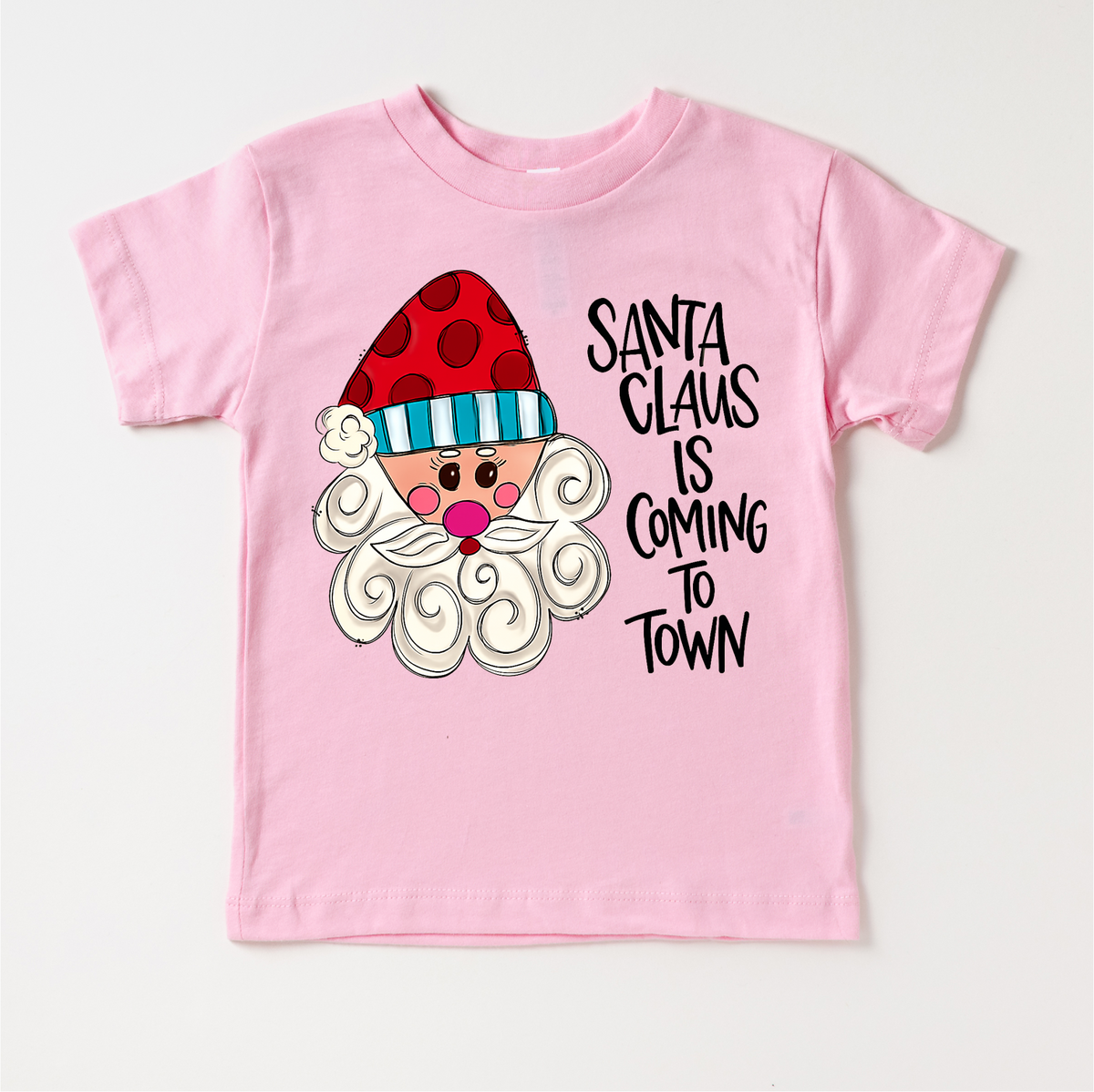 Santa Claus Is Coming To Town Christmas T-Shirt product design and garment details.