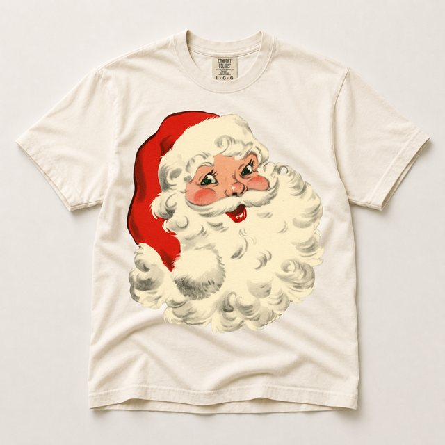 Retro vintage Santa Claus Christmas graphic on an ivory Comfort Colors T-shirt