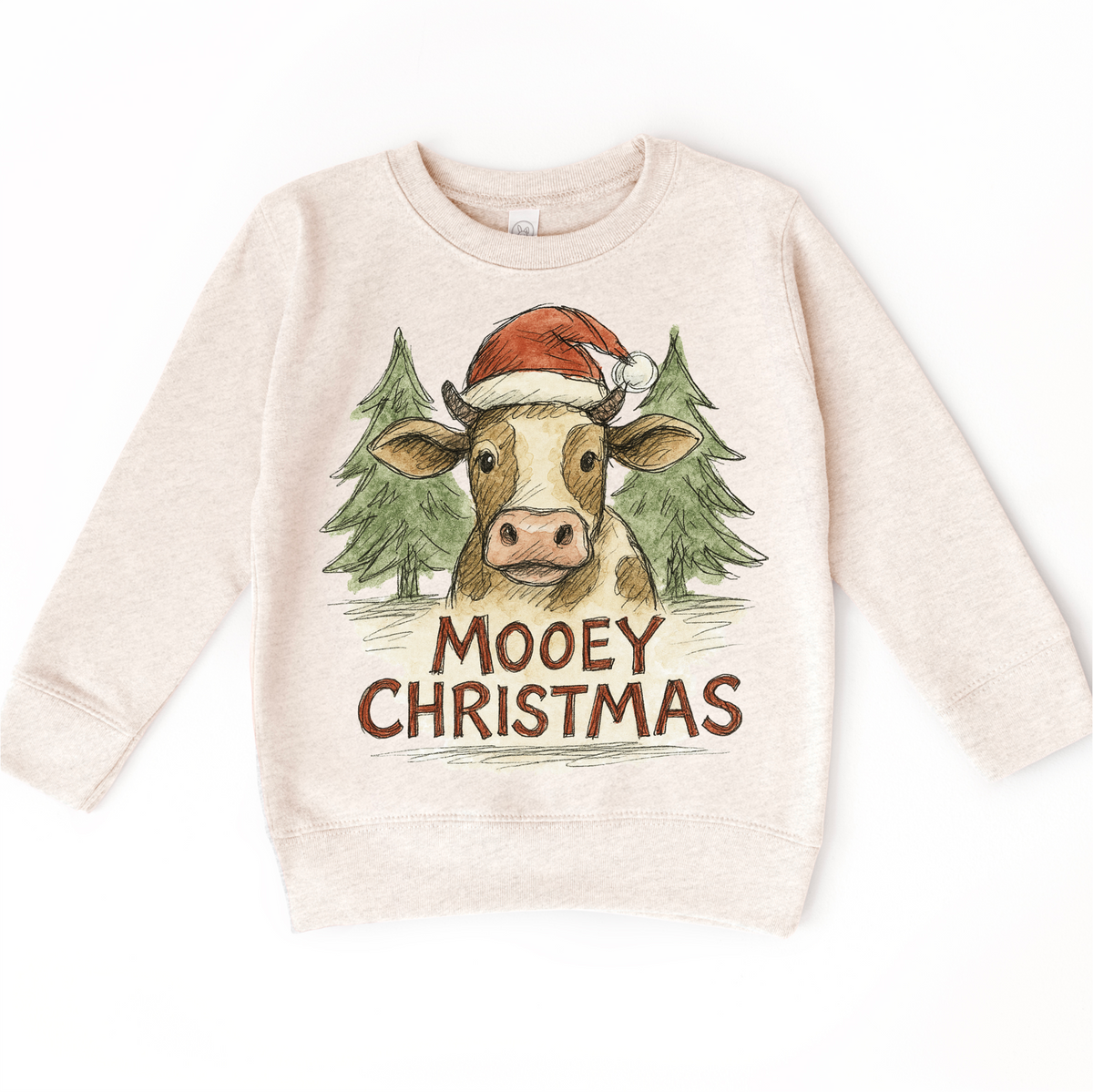 Mooey Christmas Farm Cow Christmas design on a natural sweatshirt.