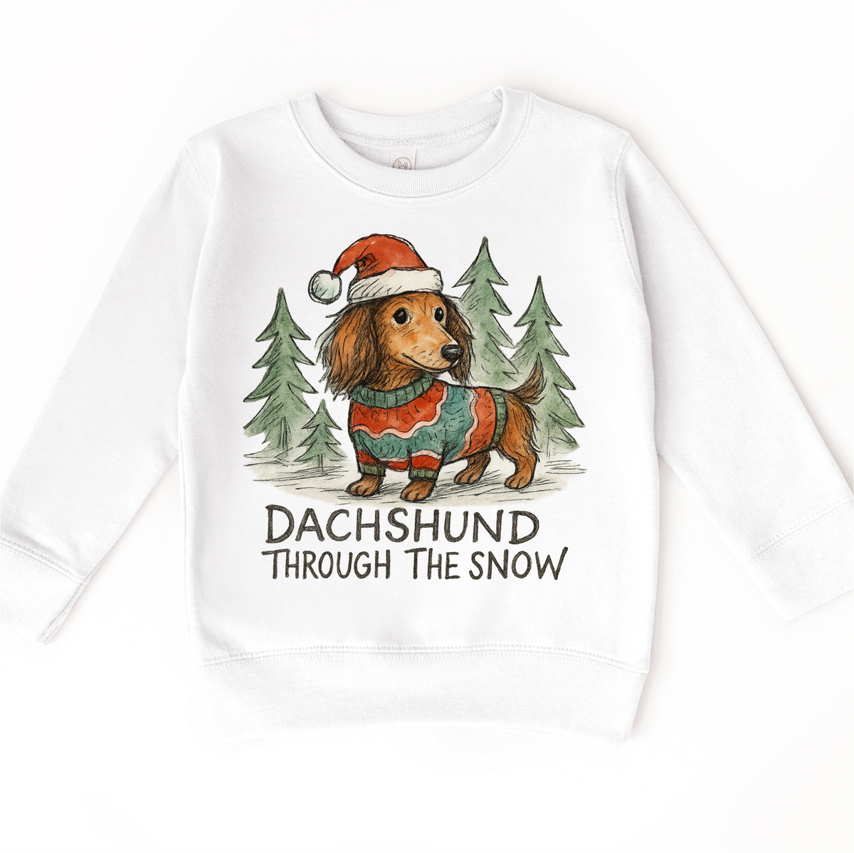 Dachshund Through The Snow Christmas design on a white sweatshirt.