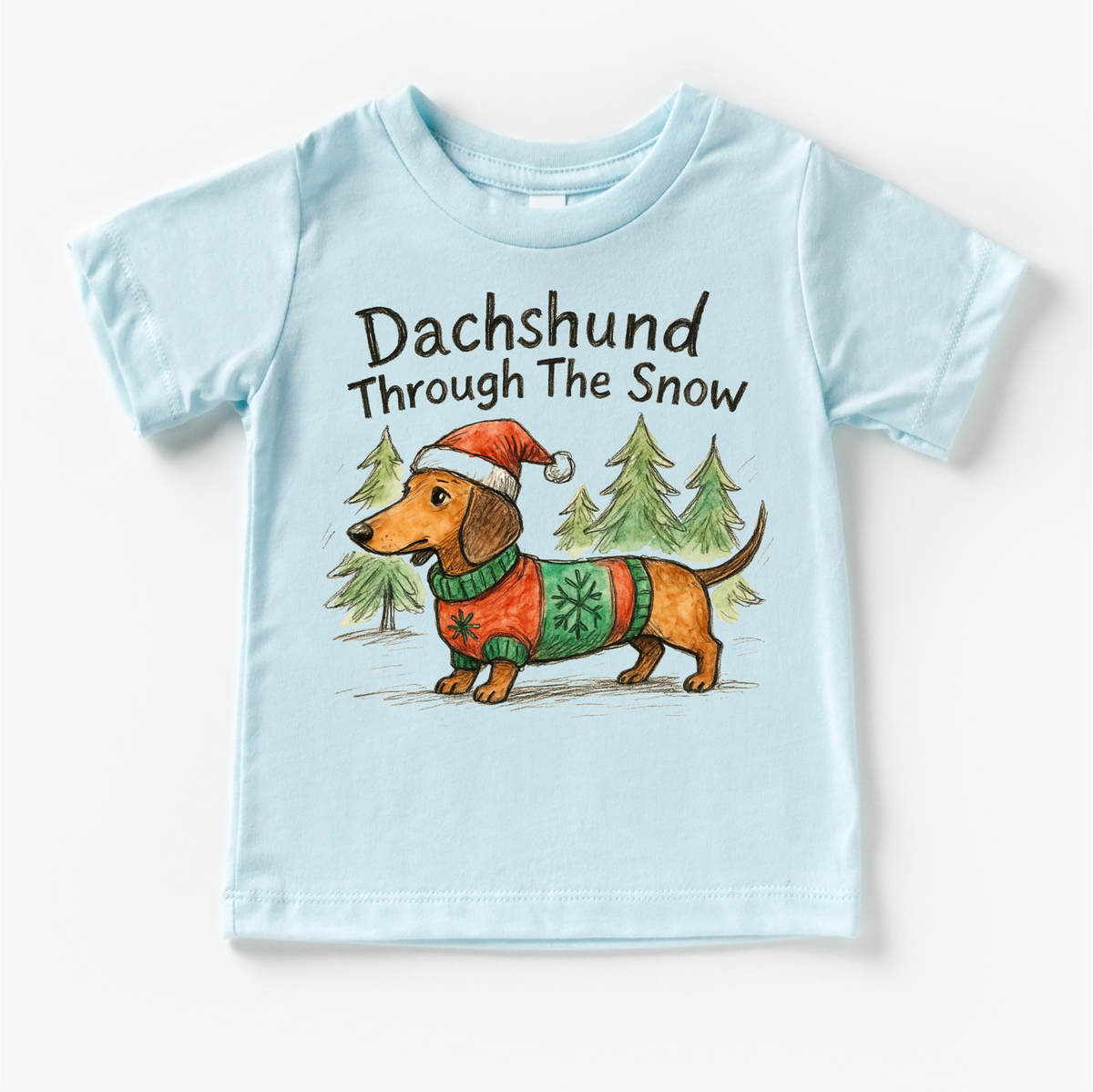 Dachshund Through The Snow Christmas design on a blue garment.
