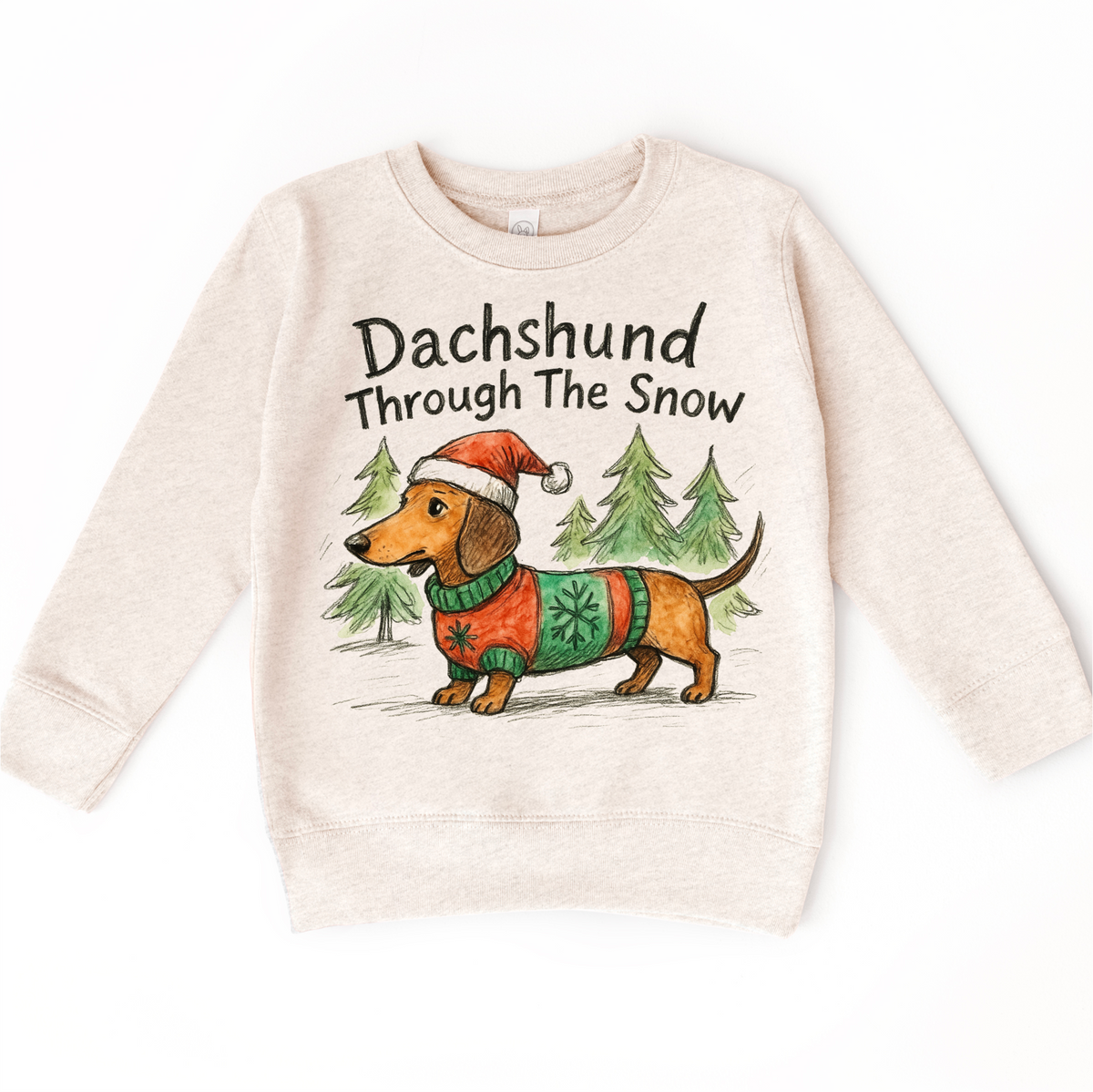Dachshund Through The Snow Christmas design on a natural sweatshirt.