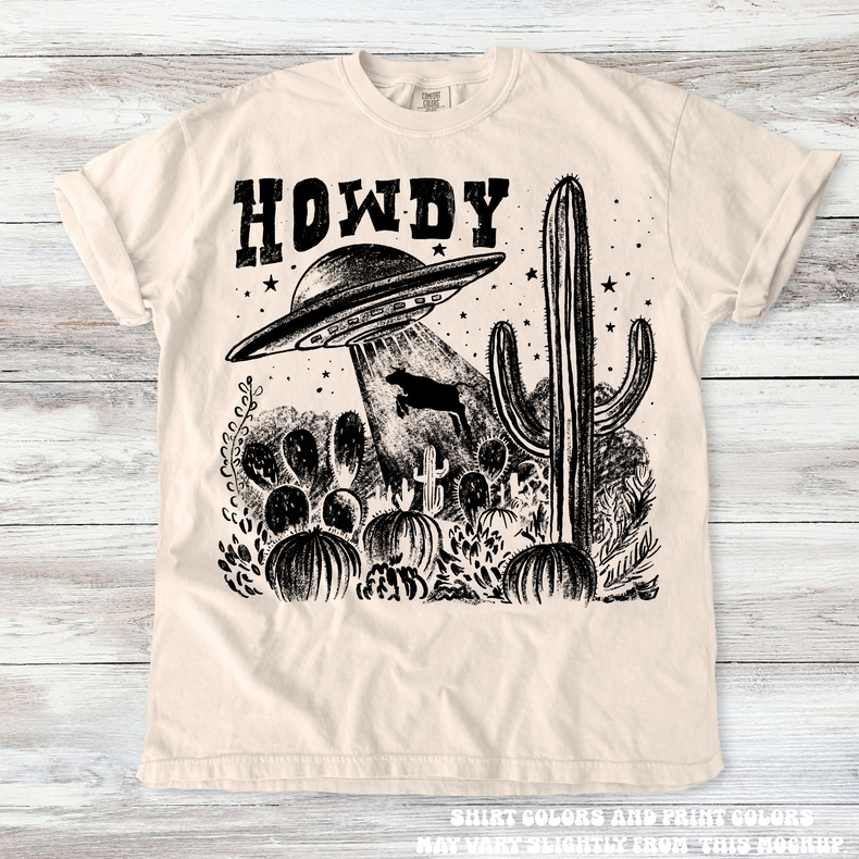 Retro UFO Cow Abduction Funny Western Tee - Printed On Comfort Colors