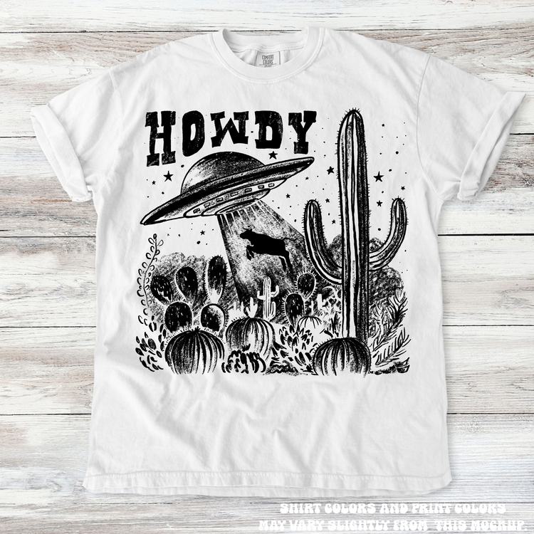 Retro UFO Cow Abduction Funny Western Tee - Printed On Comfort Colors