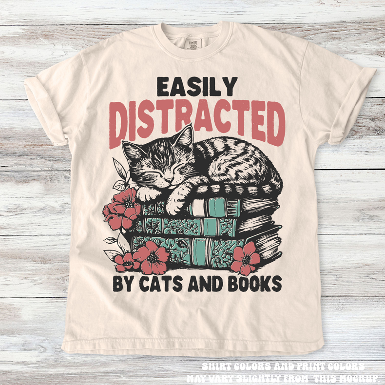 Easily Distracted By Books And Cats Shirt - Printed On Comfort Colors