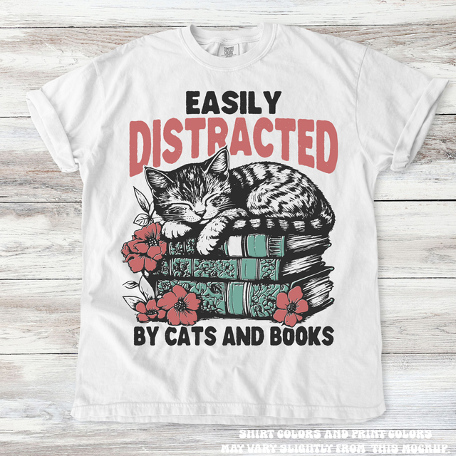 Easily Distracted By Books And Cats Shirt - Printed On Comfort Colors