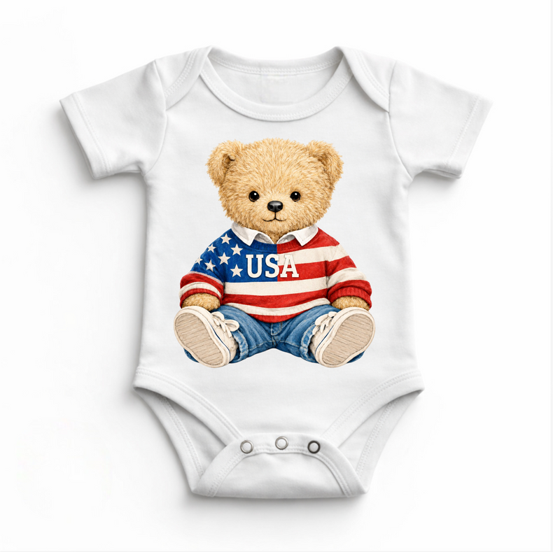 Patriotic Teddy Bear Baby Bodysuit β USA Bear Tee β Kids 4th of July Shirt β Americana Bear Outfit β Red White Blue Tee