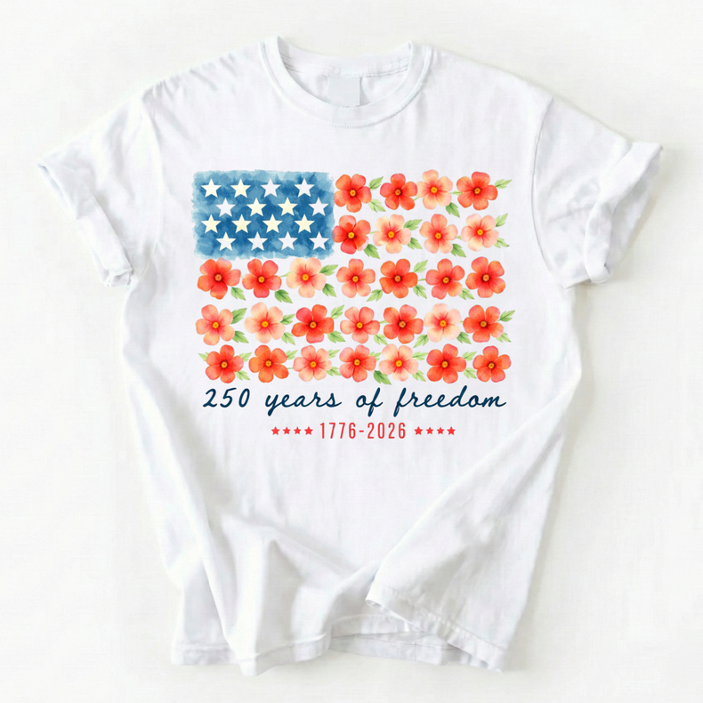 Patriotic Flag Floral 250 Years 4th Of July Unisex T-Shirt - Independence Day Tee Printed On Comfort Colors