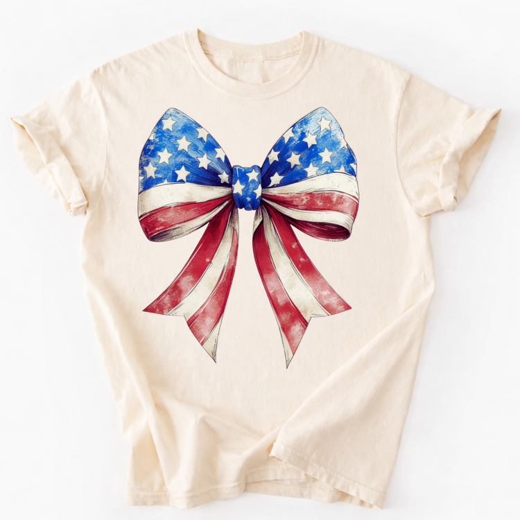 Patriotic Flag Bow 4th Of July Unisex T-Shirt - Independence Day Printed On Comfort Colors